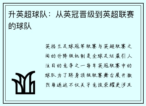 升英超球队：从英冠晋级到英超联赛的球队